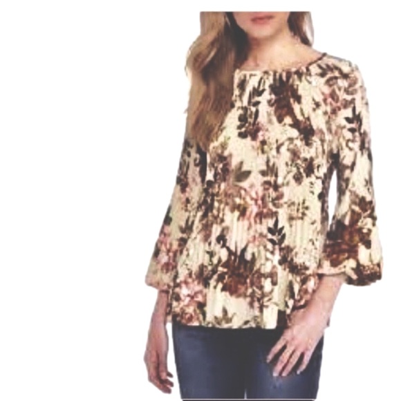 𝅺KAARI Blue Floral Top Brown Multi Color Lovely Mint NWT - Picture 2 of 8